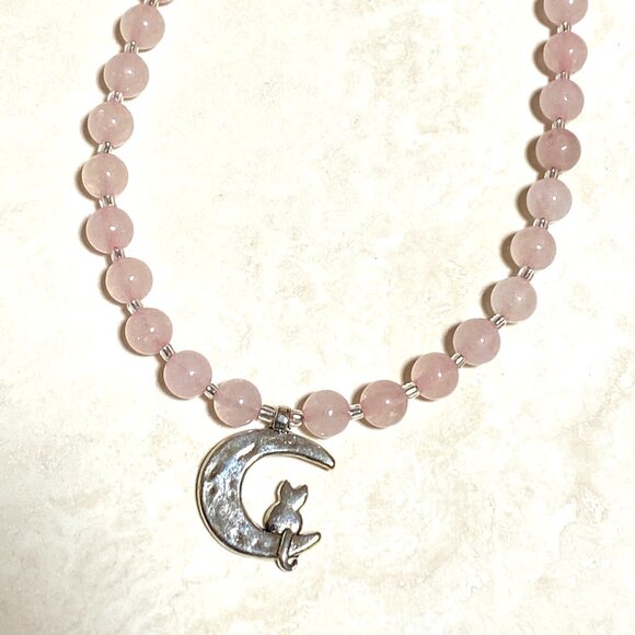 Pink Genuine Gemstone Rose Quartz Silver Cat on the Moon Beaded Short Necklace - Picture 6 of 11